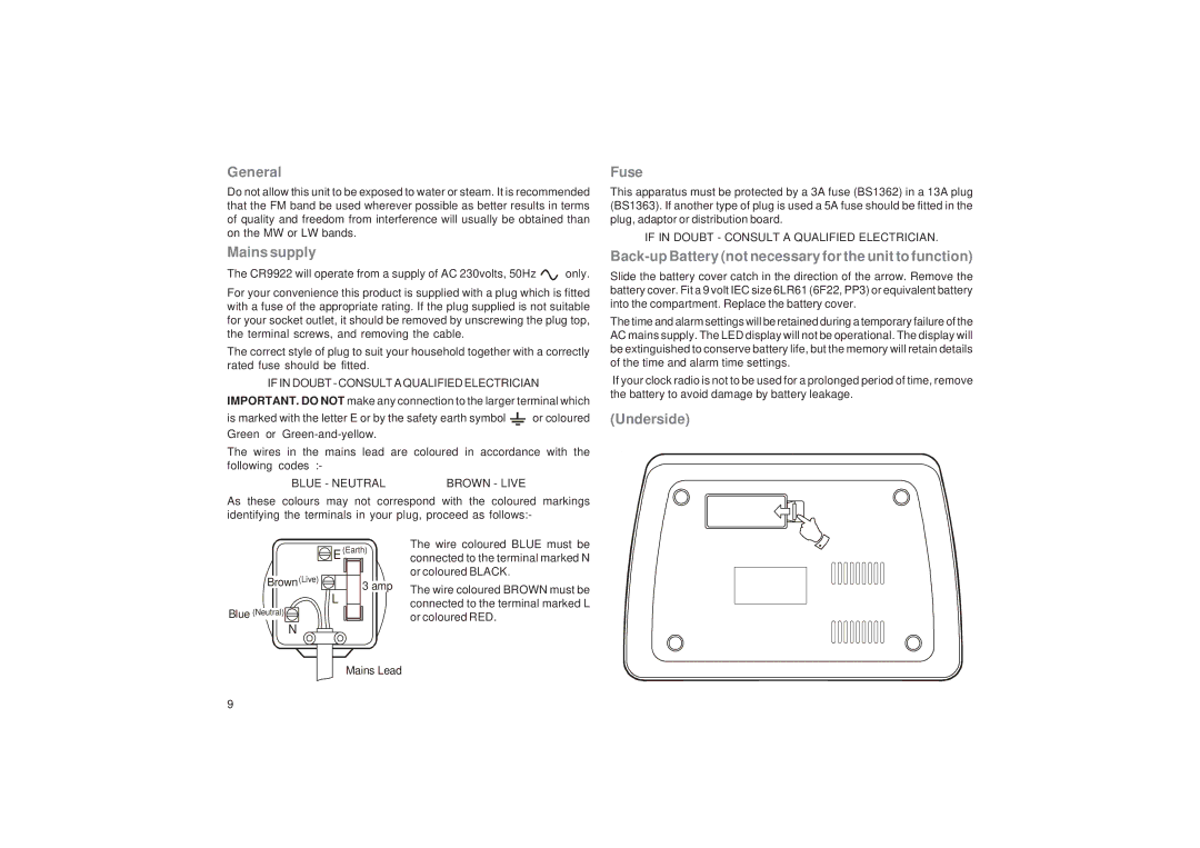 Roberts Radio CR9922 manual General, Mains supply, Fuse, Back-up Battery not necessary for the unit to function, Underside 