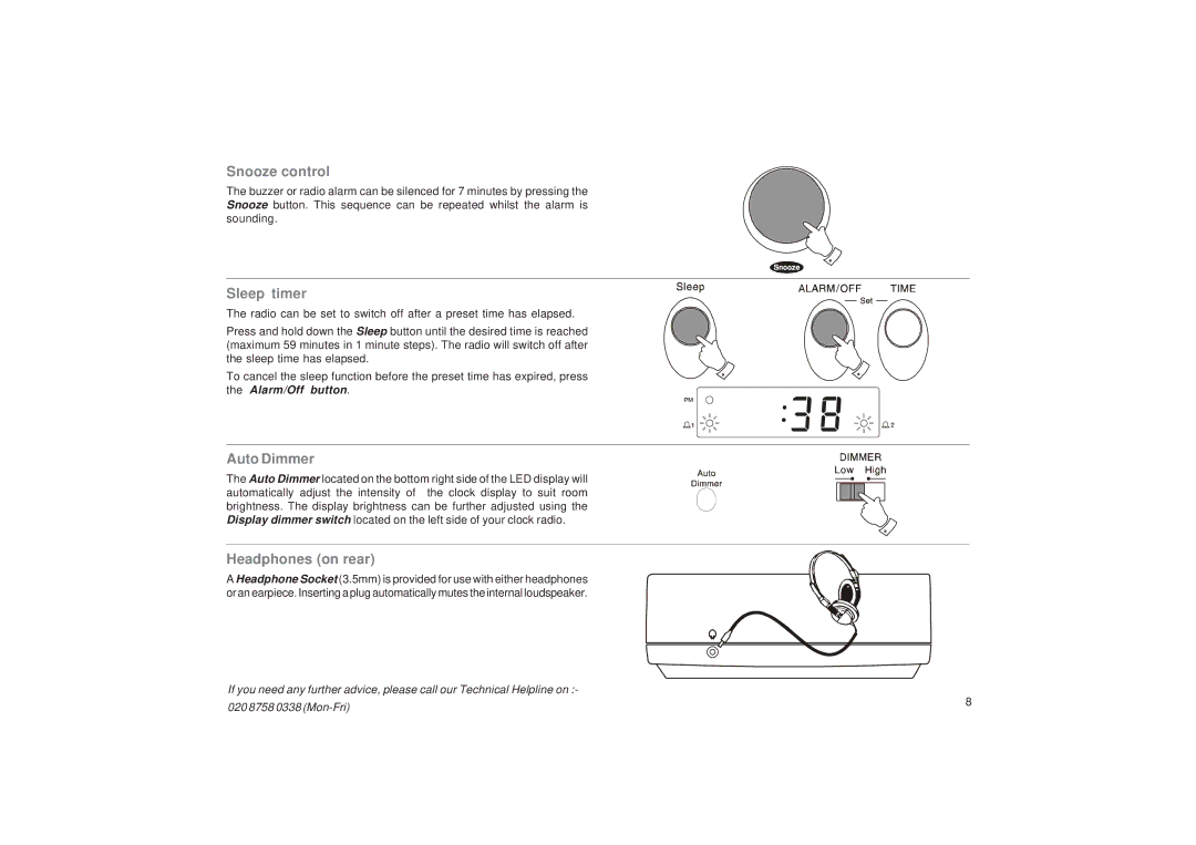 Roberts Radio CR9922 manual Snooze control, Sleep timer, Auto Dimmer, Headphones on rear 