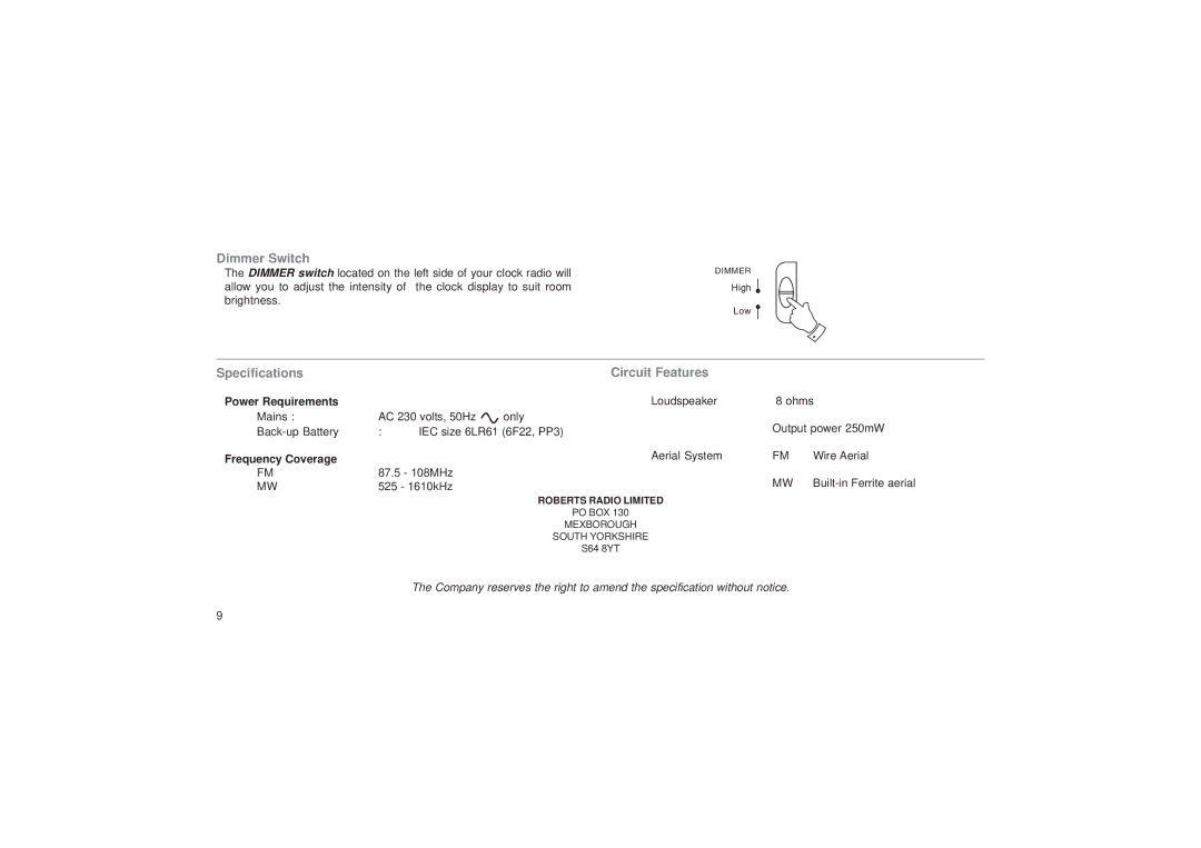 Roberts Radio CR9923 manual Dimmer Switch, Specifications Circuit Features 