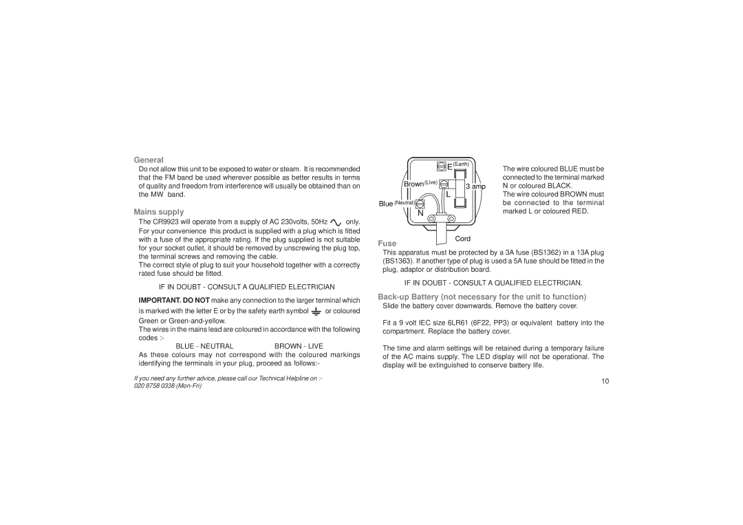 Roberts Radio CR9923 manual General, Mains supply, FuseCord, Back-up Battery not necessary for the unit to function 