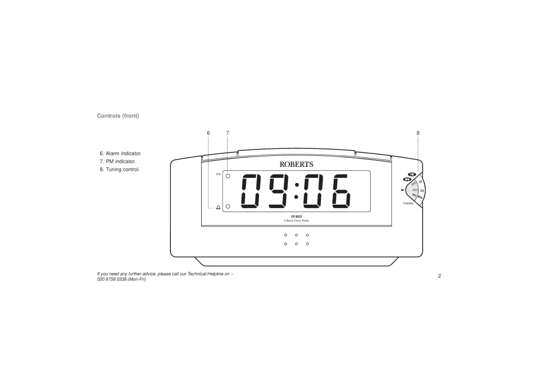 Roberts Radio CR9923 manual Controls front, Alarm indicator PM indicator Tuning control 