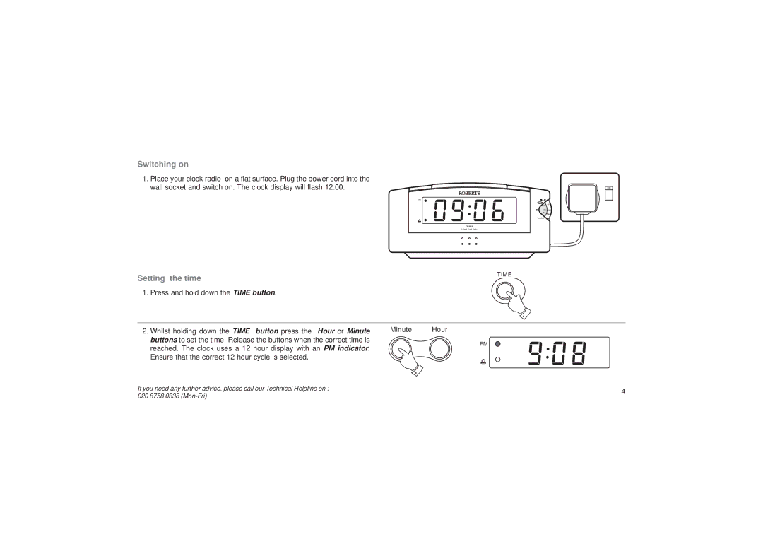 Roberts Radio CR9923 manual Switching on, Setting the time 