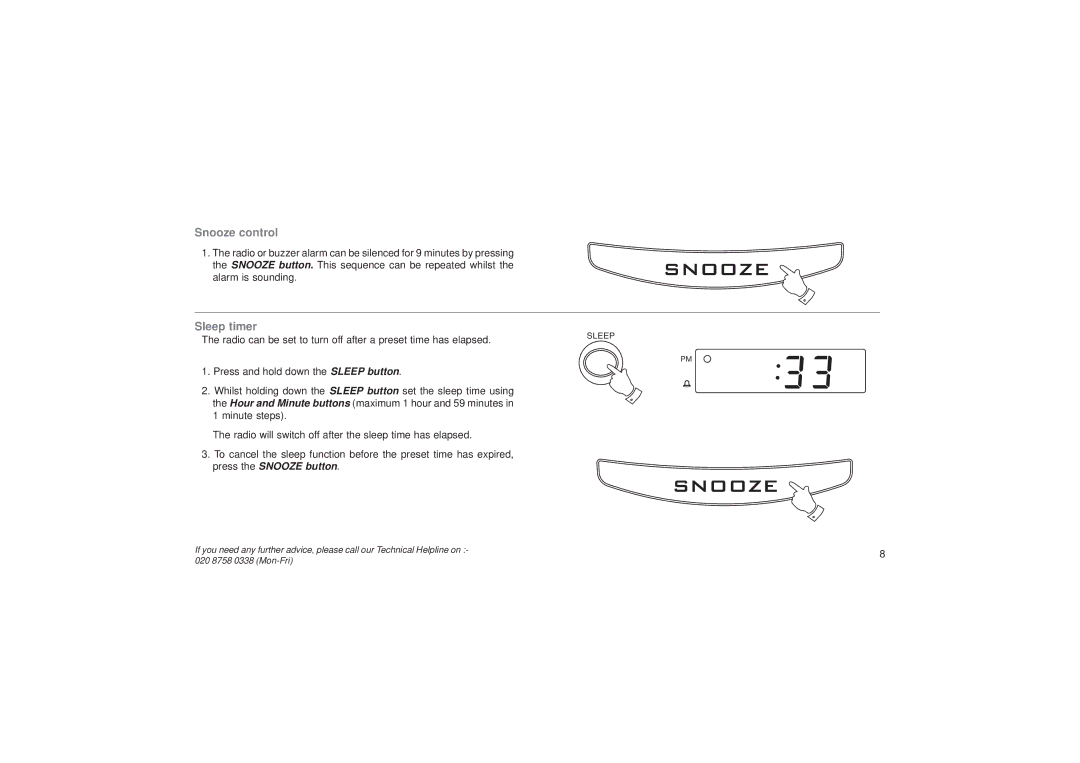 Roberts Radio CR9923 manual Snooze control, Sleep timer 