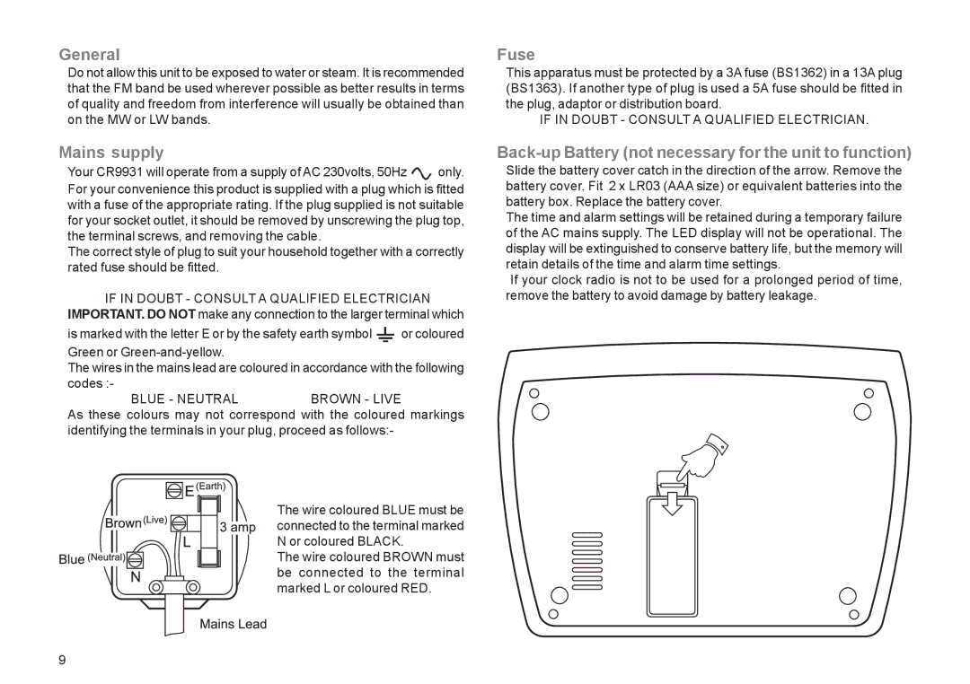 Roberts Radio CR9931 manual General, Mains supply, Fuse, Back-up Battery not necessary for the unit to function 