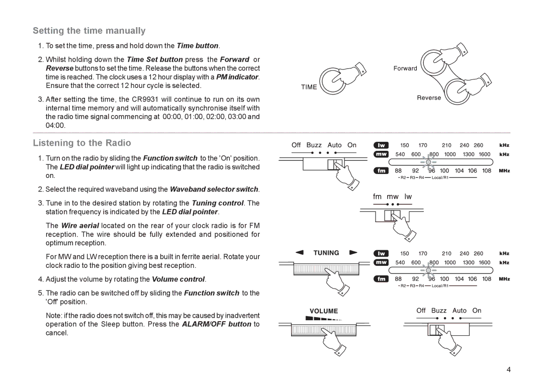 Roberts Radio CR9931 Setting the time manually, Listening to the Radio 