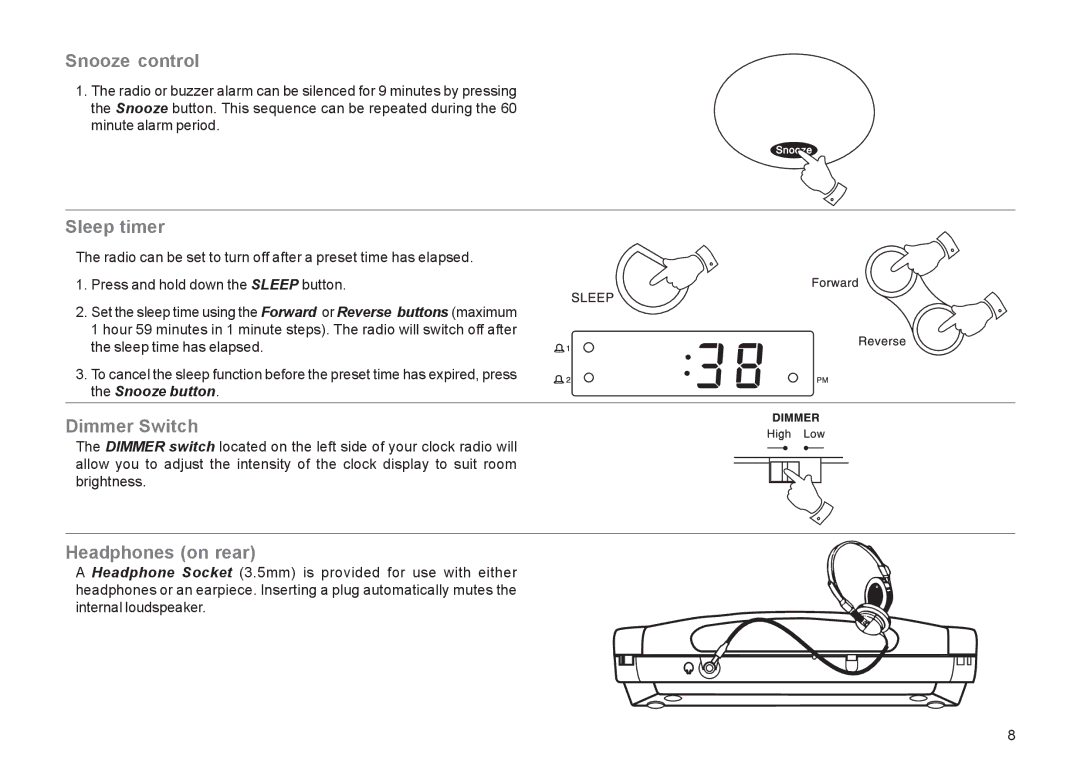 Roberts Radio CR9931 manual Snooze control, Sleep timer, Dimmer Switch, Headphones on rear 