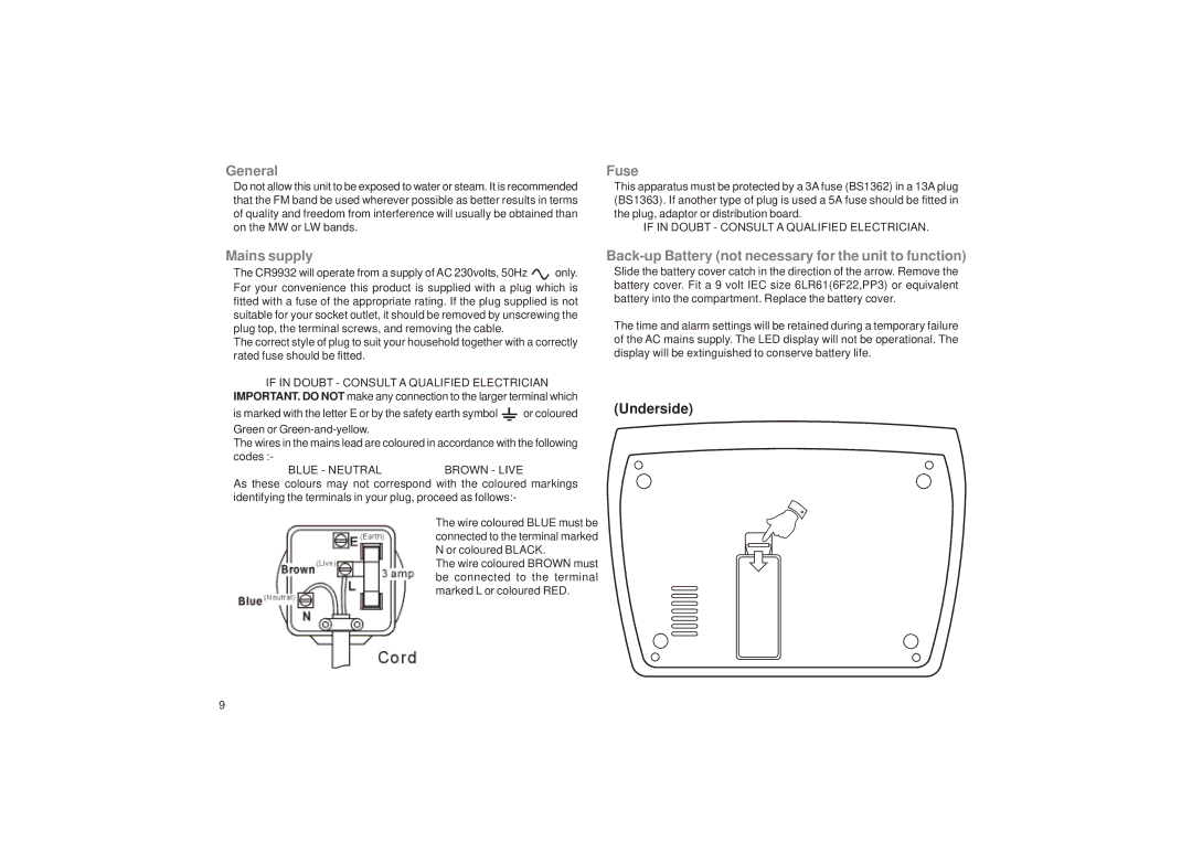 Roberts Radio CR9932 manual General, Fuse, Mains supply, Back-up Battery not necessary for the unit to function 