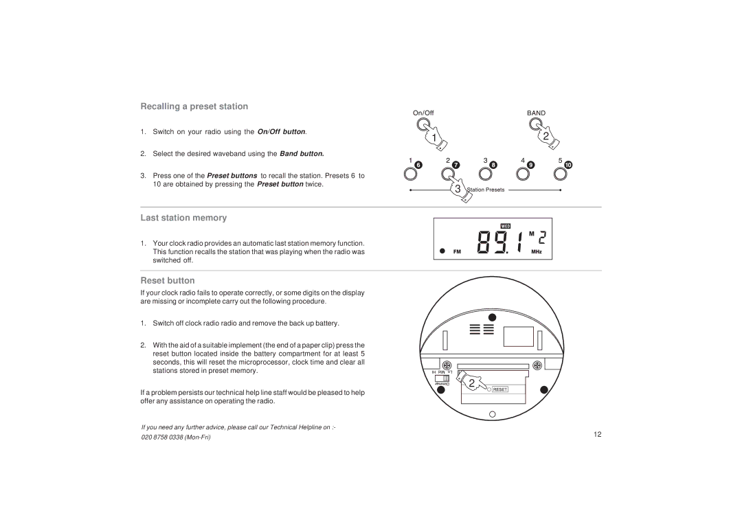 Roberts Radio CR9934 manual Recalling a preset station, Last station memory, Reset button 