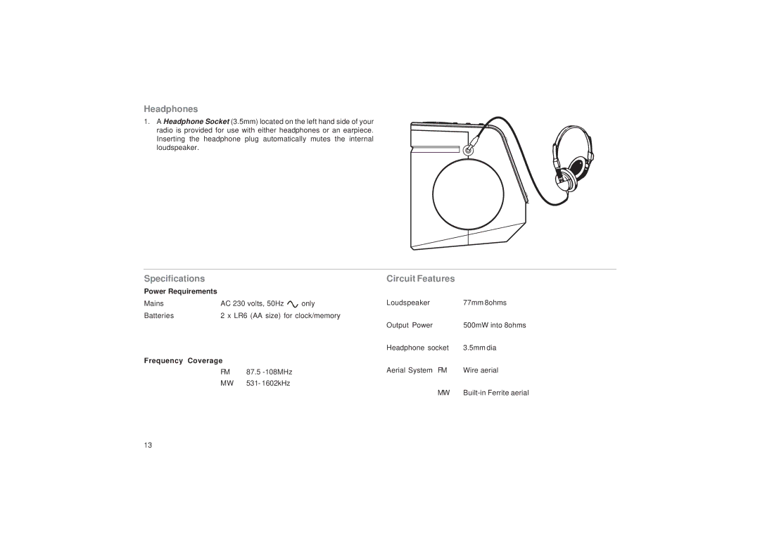 Roberts Radio CR9934 manual Headphones, Specifications Circuit Features 