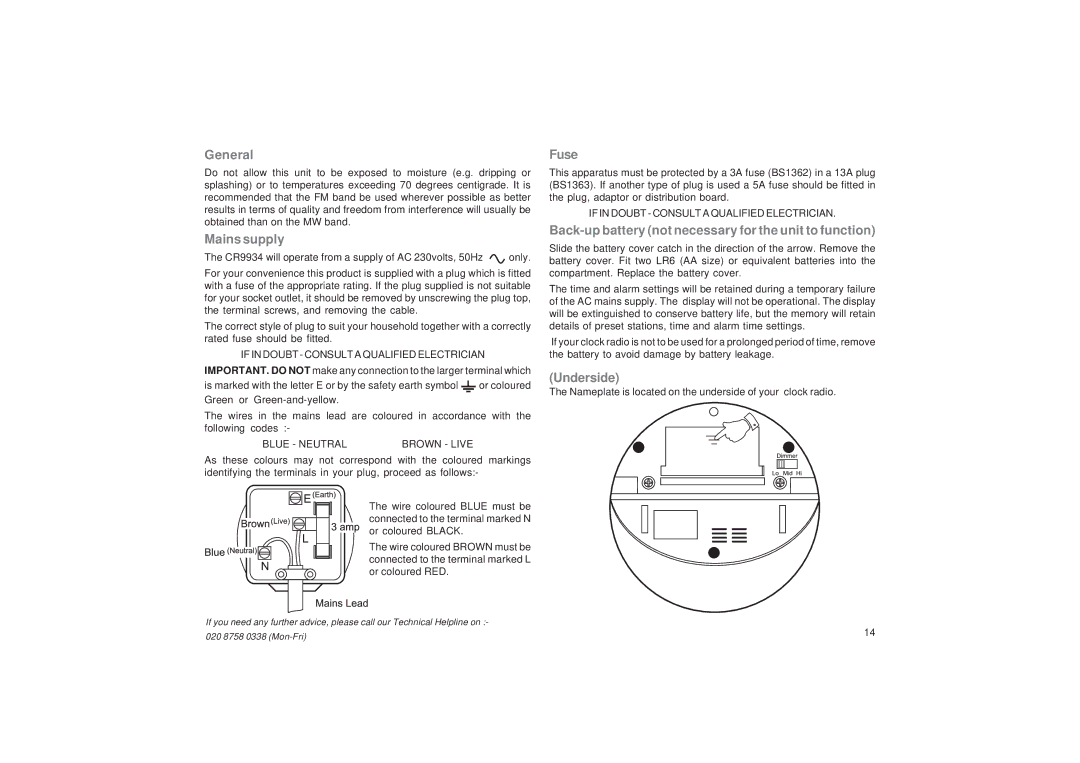 Roberts Radio CR9934 manual General, Mains supply, Fuse, Back-up battery not necessary for the unit to function, Underside 