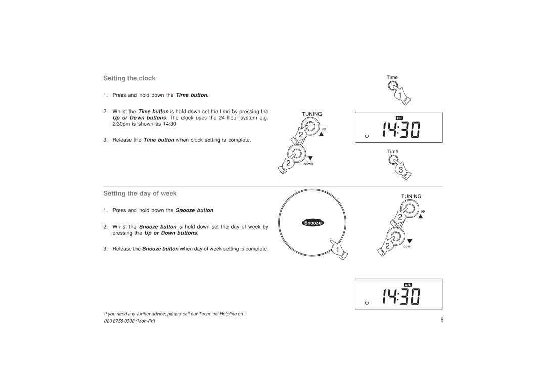 Roberts Radio CR9934 manual Setting the clock, Setting the day of week 