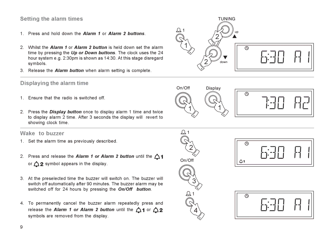 Roberts Radio CR9935 manual Setting the alarm times, Displaying the alarm time, Wake to buzzer 