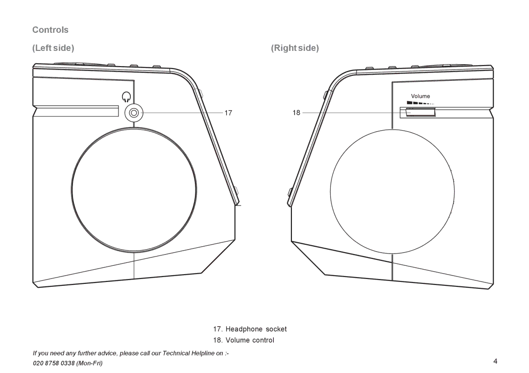 Roberts Radio CR9935 manual Controls Left side Right side, Headphone socket Volume control 