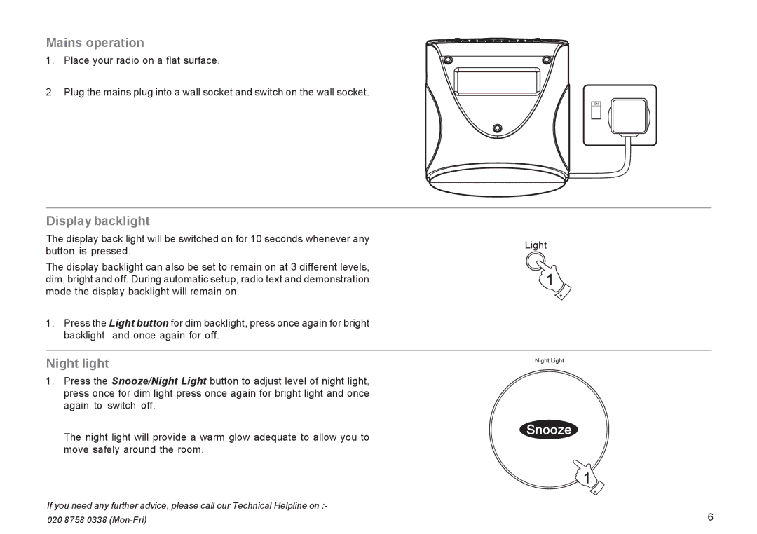 Roberts Radio CR9935 manual Mains operation, Display backlight, Night light 