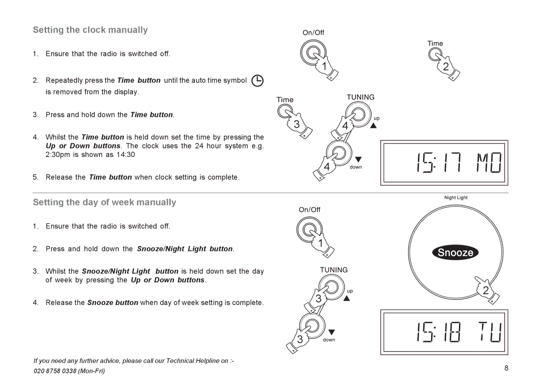 Roberts Radio CR9935 Setting the clock manually, Setting the day of week manually 