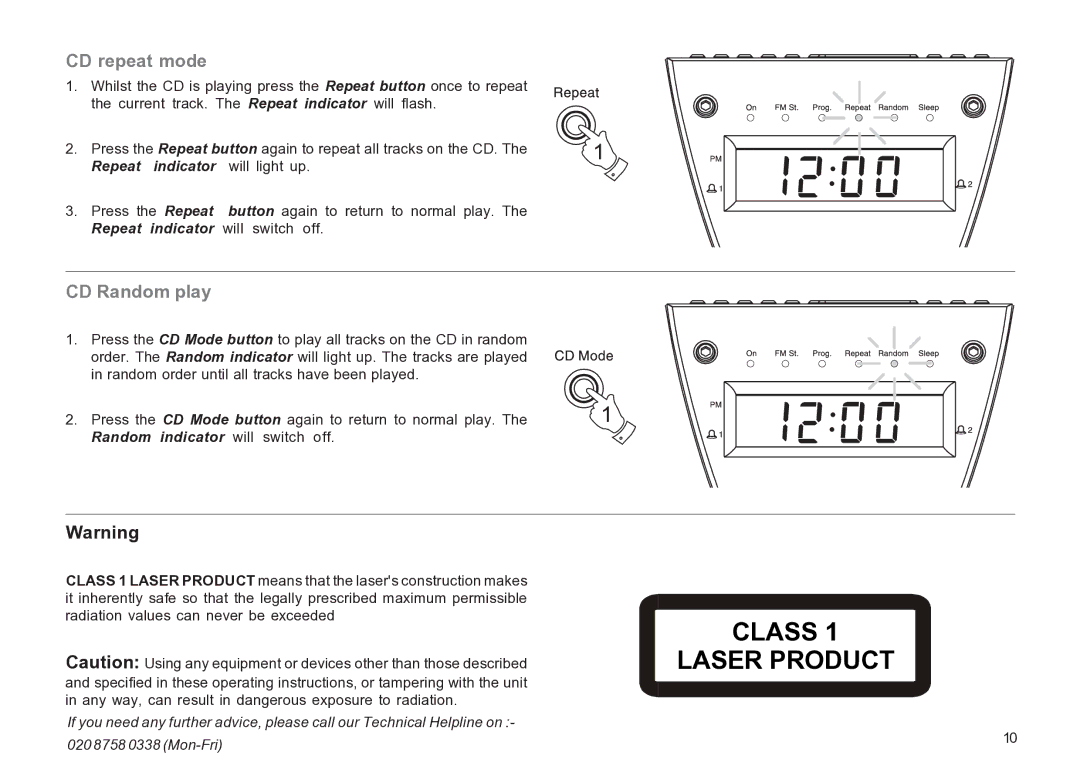 Roberts Radio CR9936 manual CD repeat mode, CD Random play 