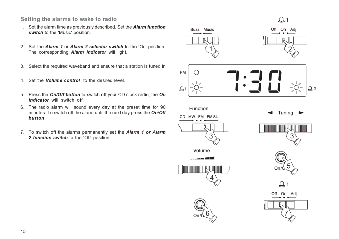 Roberts Radio CR9936 manual Setting the alarms to wake to radio 