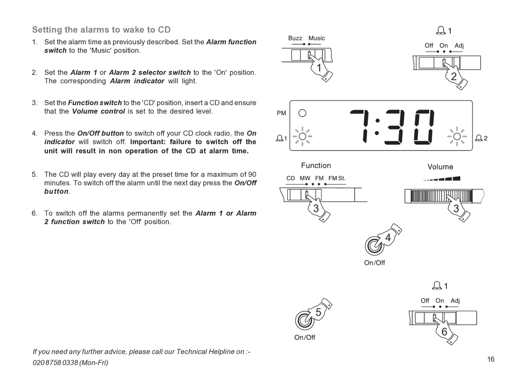 Roberts Radio CR9936 manual Setting the alarms to wake to CD 