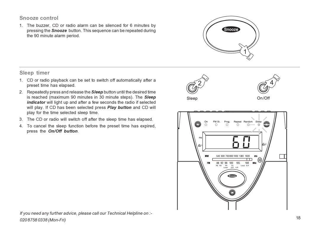 Roberts Radio CR9936 manual Snooze control, Sleep timer 