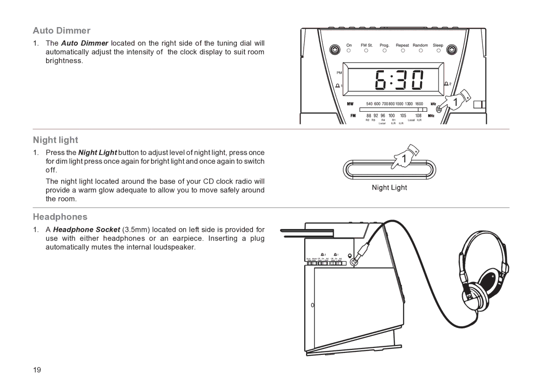 Roberts Radio CR9936 manual Auto Dimmer, Night light, Headphones 