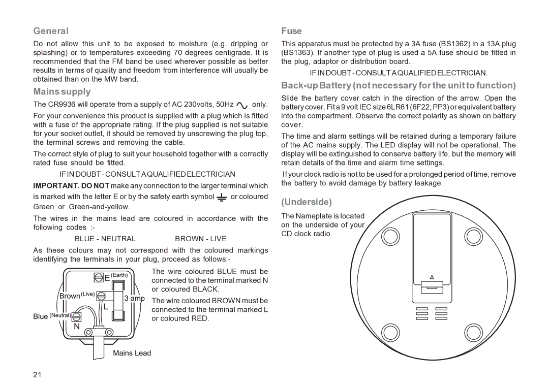 Roberts Radio CR9936 manual General, Mains supply, Fuse, Back-up Battery not necessary for the unit to function, Underside 