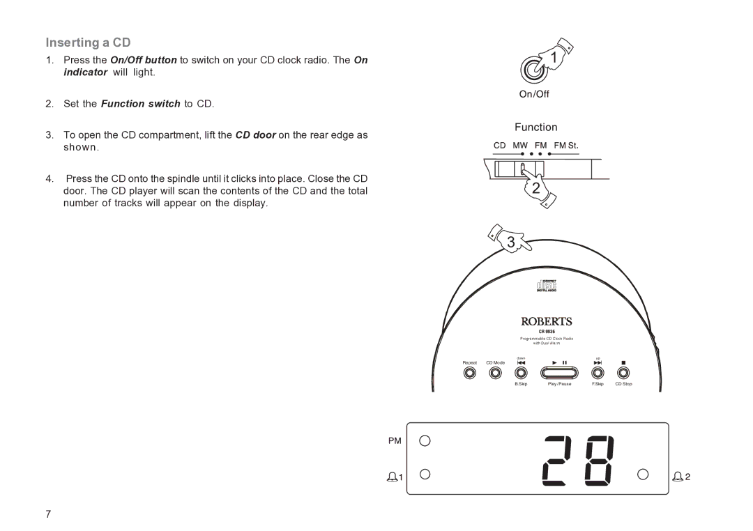 Roberts Radio CR9936 manual Inserting a CD 