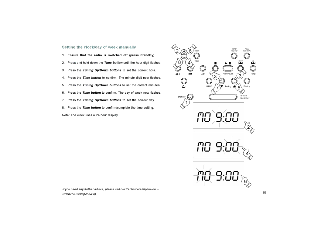 Roberts Radio CR9937 Setting the clock/day of week manually, Ensure that the radio is switched off press StandBy 