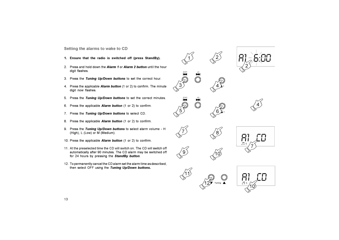 Roberts Radio CR9937 manual Setting the alarms to wake to CD 