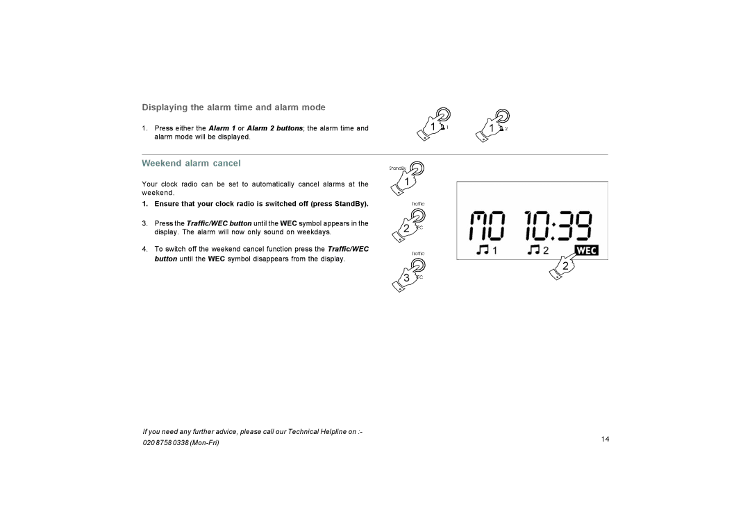 Roberts Radio CR9937 manual Displaying the alarm time and alarm mode, Weekend alarm cancel 