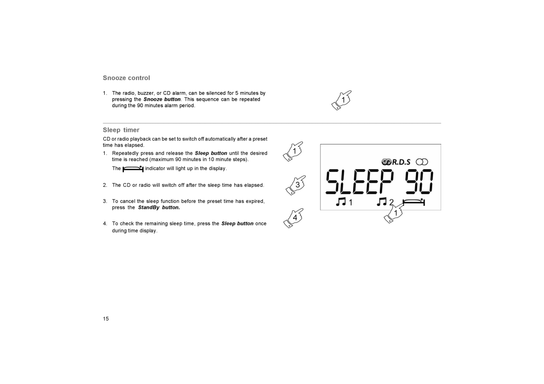 Roberts Radio CR9937 manual Snooze control, Sleep timer 