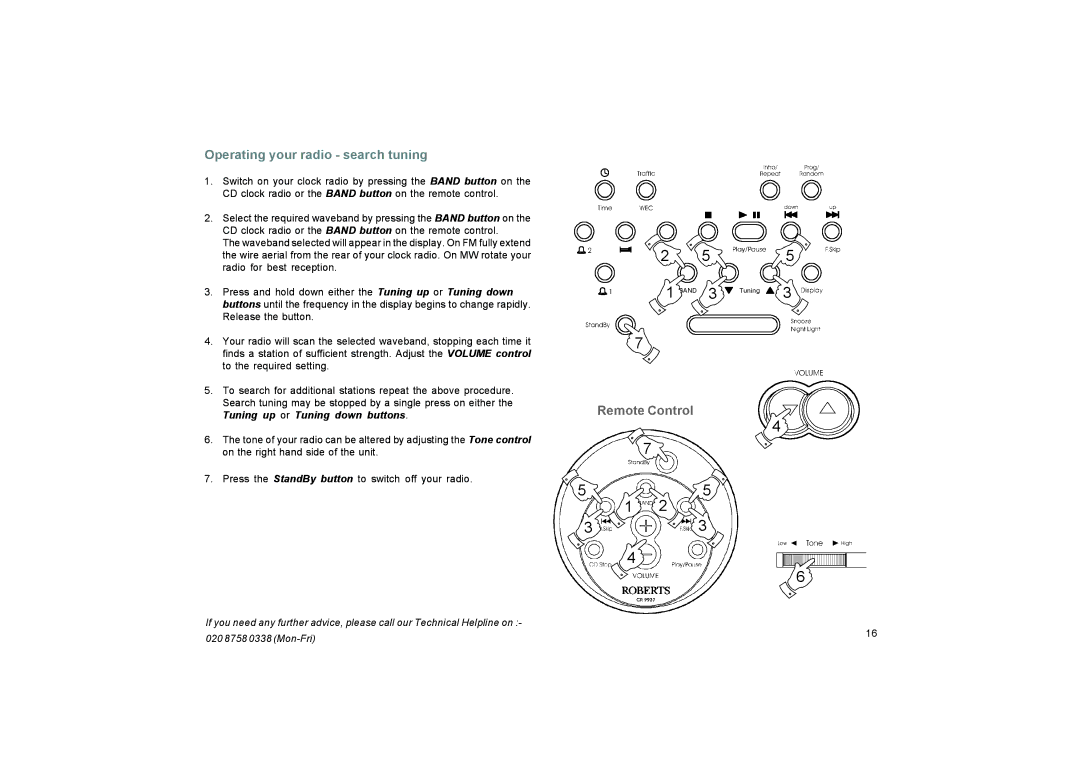 Roberts Radio CR9937 manual Operating your radio search tuning, Remote Control 