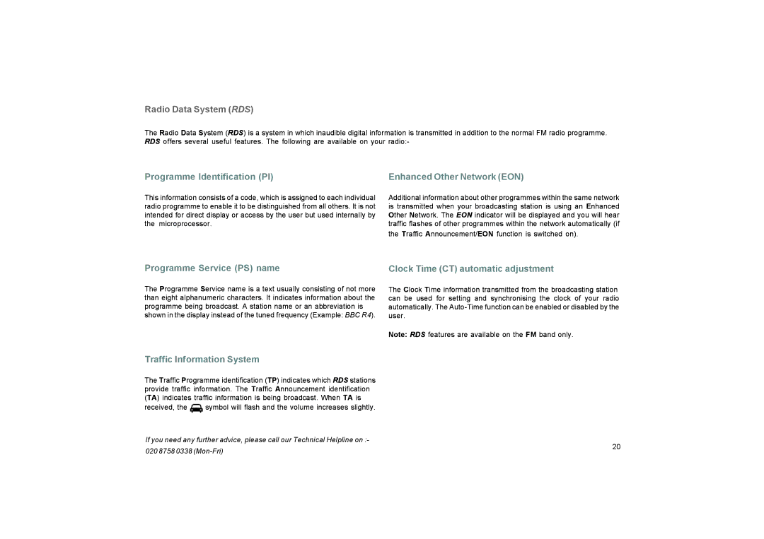 Roberts Radio CR9937 manual Radio Data System RDS, Programme Identification PI Enhanced Other Network EON 