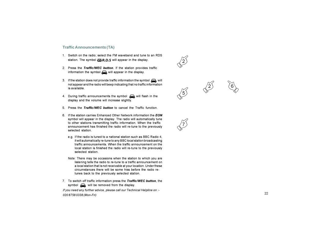 Roberts Radio CR9937 manual Traffic Announcements TA 