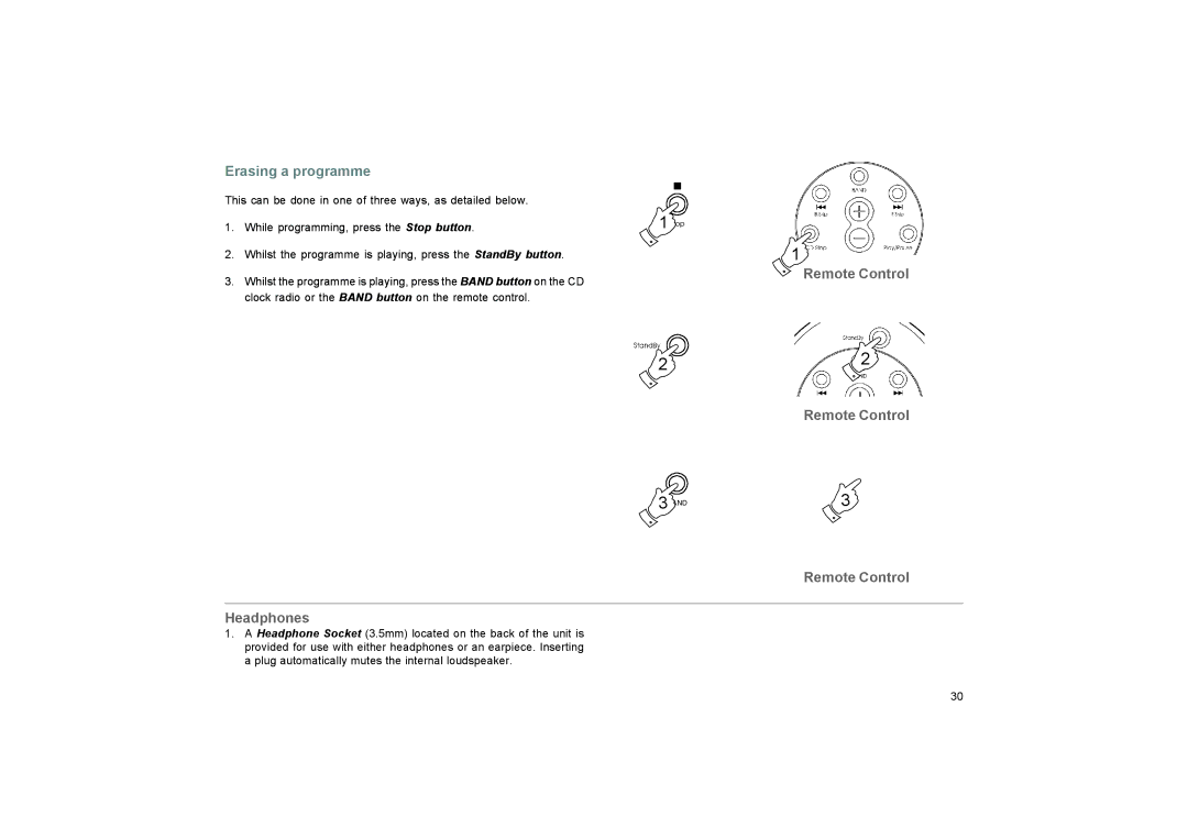Roberts Radio CR9937 manual Erasing a programme, Remote Control Headphones 
