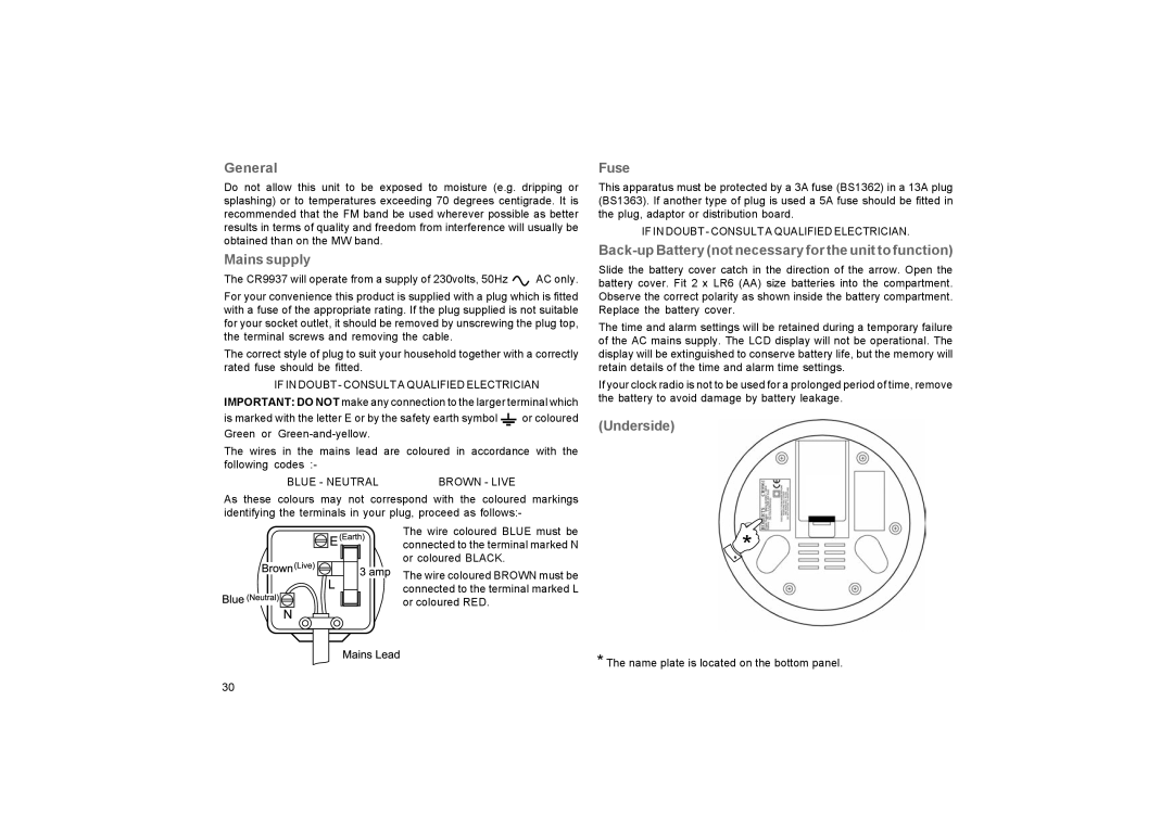 Roberts Radio CR9937 manual General, Mains supply, Fuse, Back-up Battery not necessary for the unit to function, Underside 