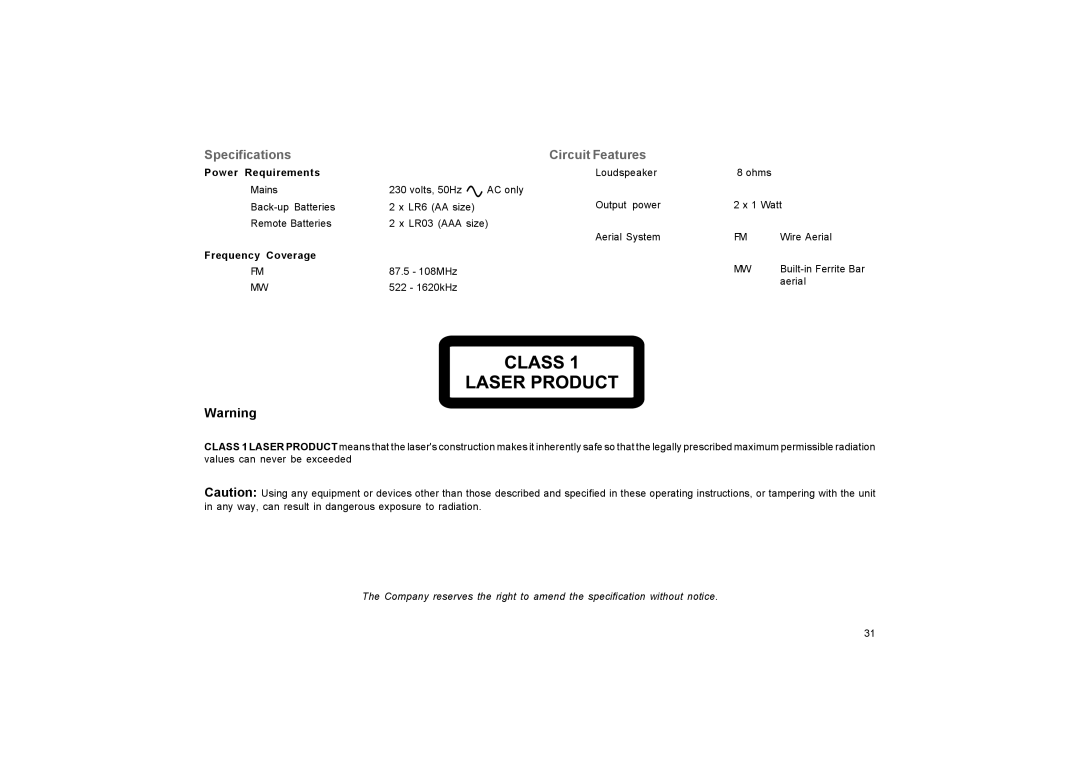 Roberts Radio CR9937 manual Specifications Circuit Features, Power Requirements 