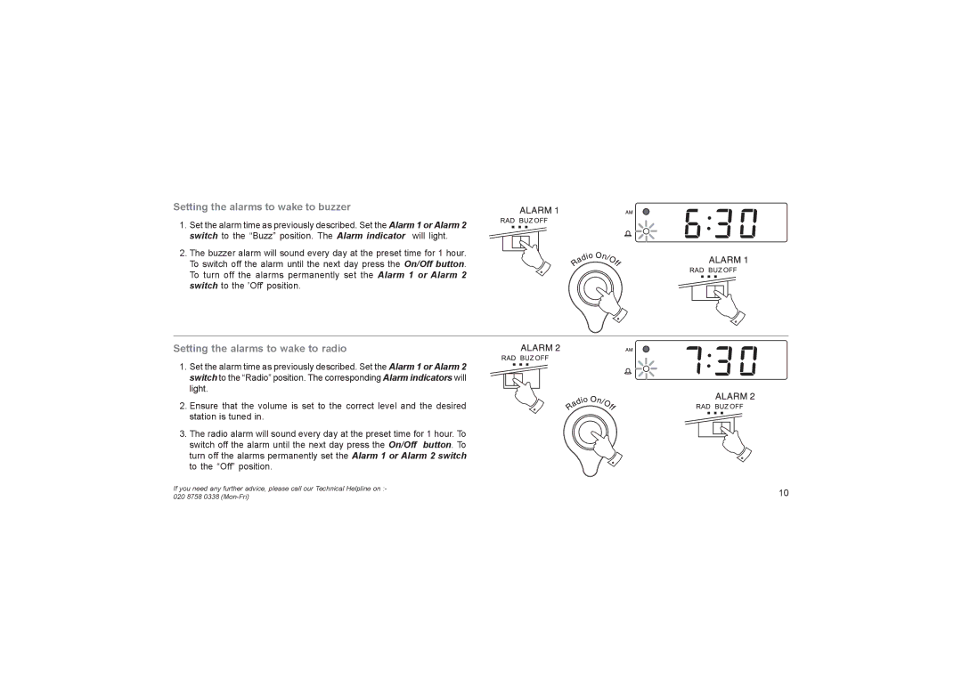 Roberts Radio CR9945 manual Setting the alarms to wake to buzzer, Setting the alarms to wake to radio 