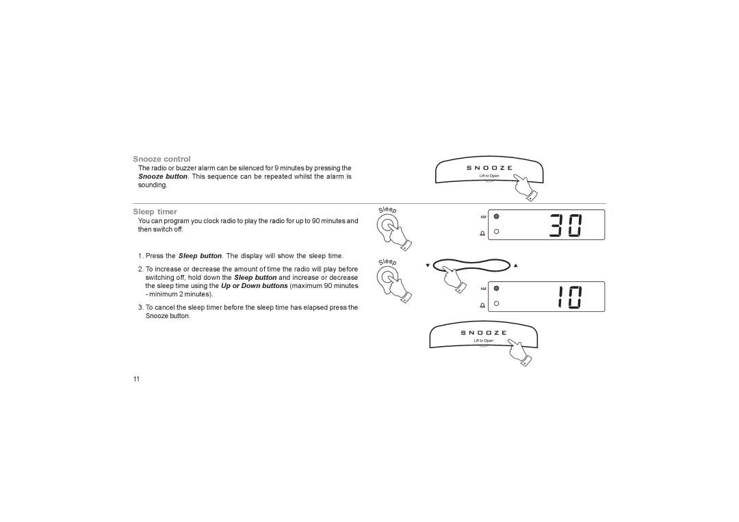 Roberts Radio CR9945 manual Snooze control, Sleep timer 