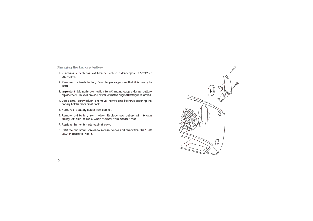 Roberts Radio CR9945 manual Changing the backup battery 