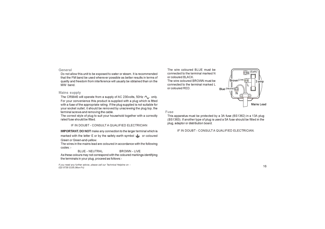 Roberts Radio CR9945 manual General, Mains supply, Fuse 