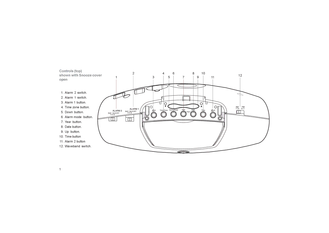 Roberts Radio CR9945 manual Controls top Shown with Snooze cover Open 