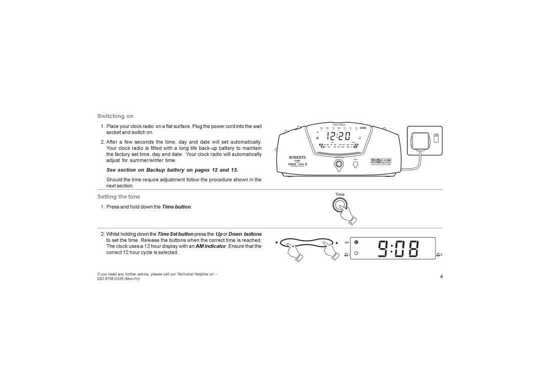 Roberts Radio CR9945 manual Switching on, Setting the time 