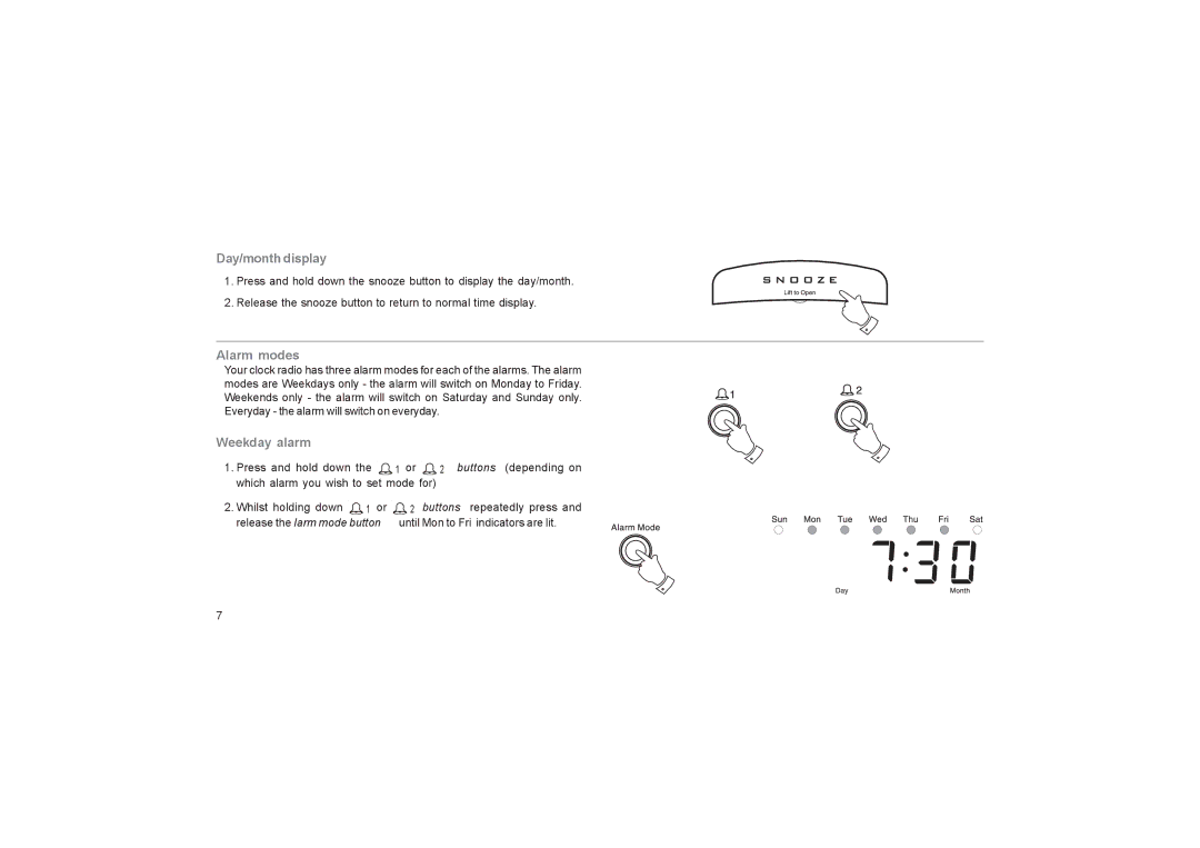 Roberts Radio CR9945 manual Day/month display, Alarm modes, Weekday alarm 