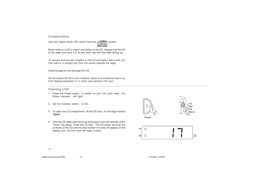 Roberts Radio CR9946 manual Compact discs, Inserting a CD 