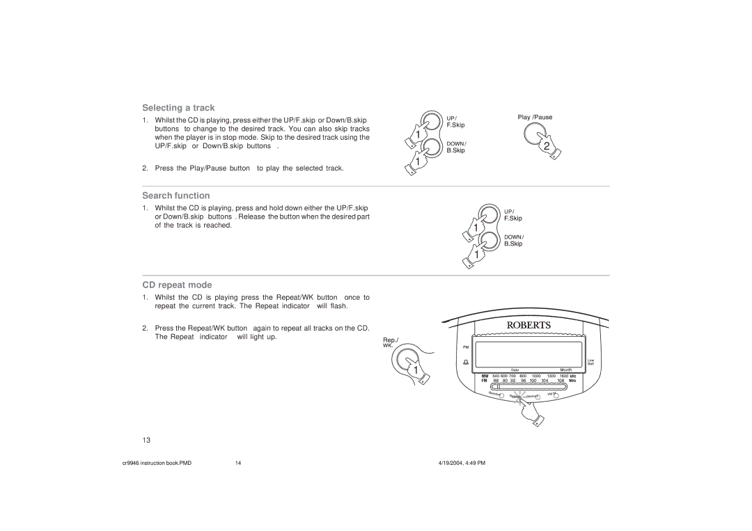 Roberts Radio CR9946 manual Selecting a track, Search function, CD repeat mode 