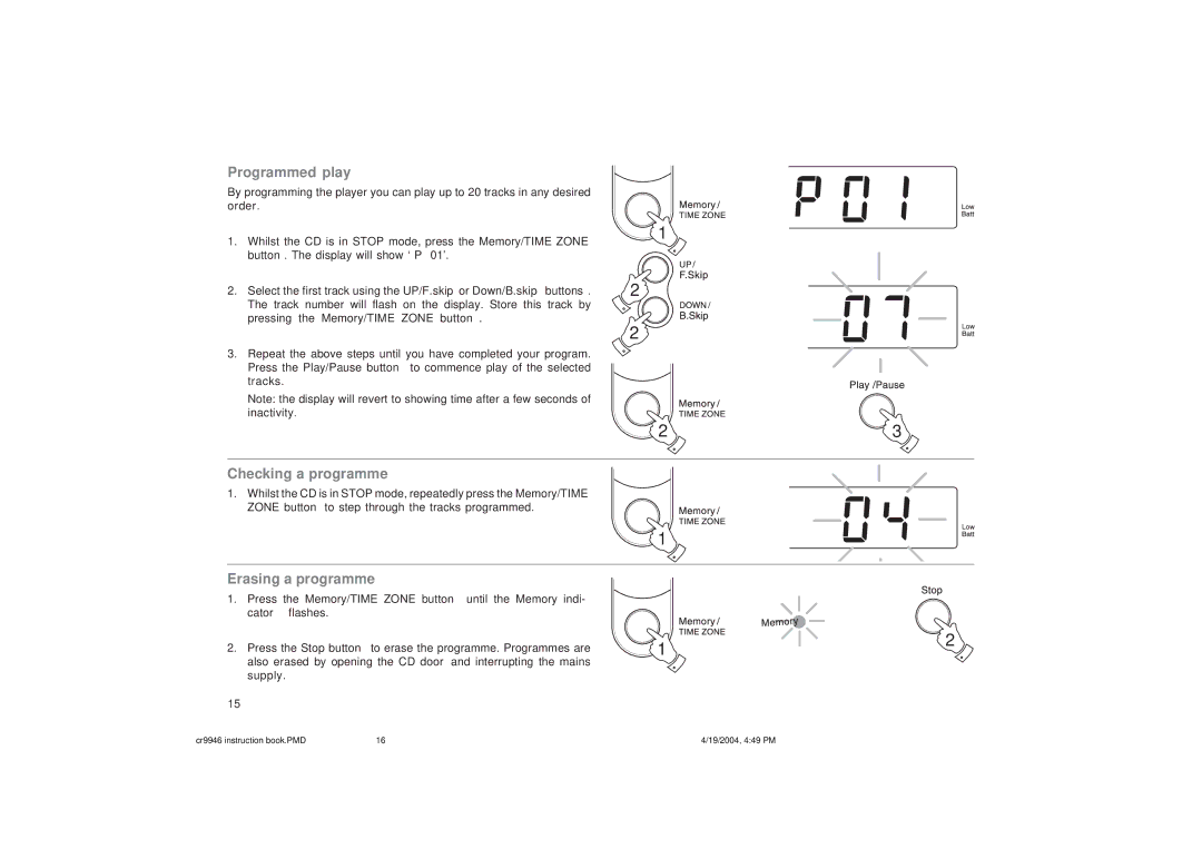 Roberts Radio CR9946 manual Programmed play, Checking a programme, Erasing a programme 