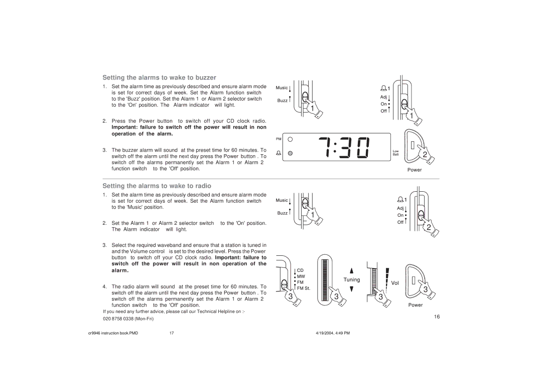 Roberts Radio CR9946 manual Setting the alarms to wake to buzzer, Setting the alarms to wake to radio 