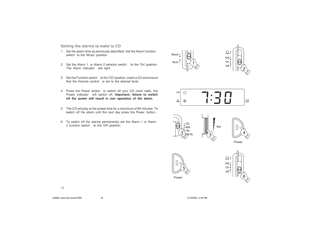 Roberts Radio CR9946 manual Setting the alarms to wake to CD 