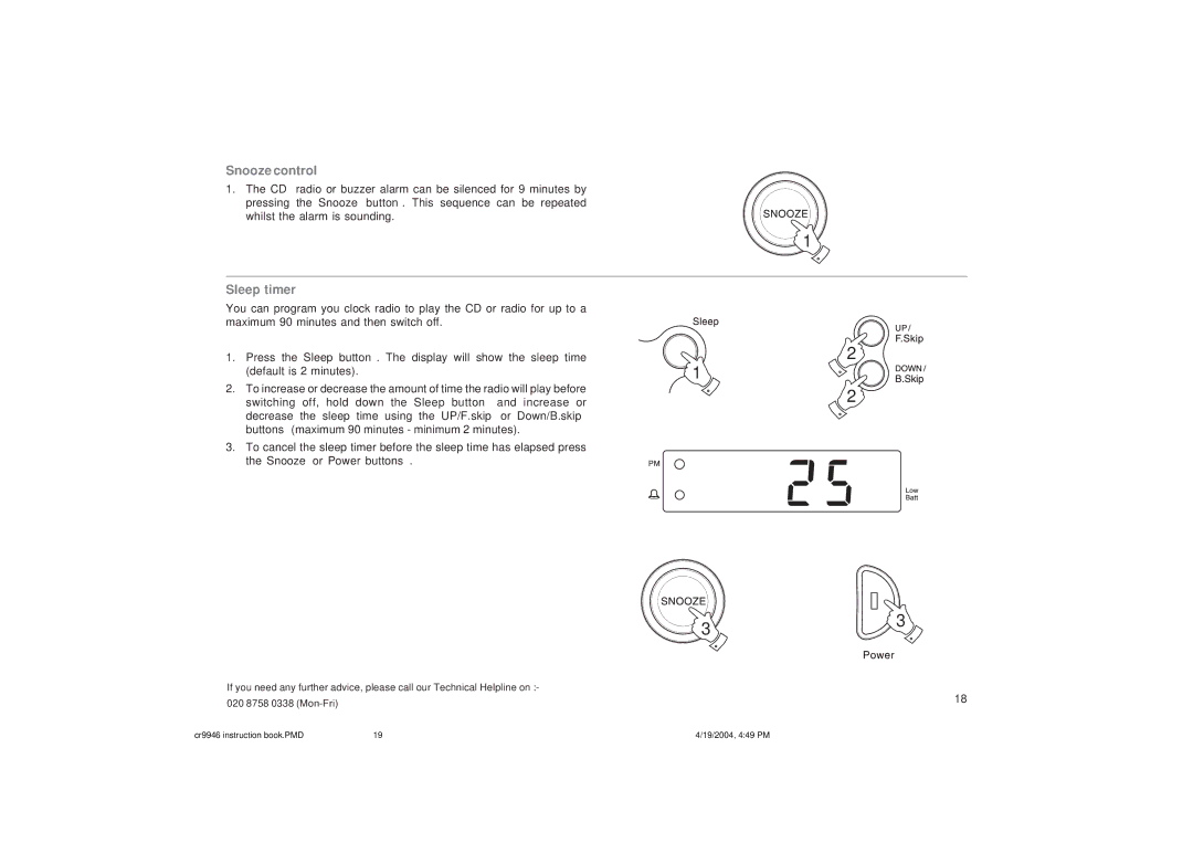 Roberts Radio CR9946 manual Snooze control, Sleep timer 