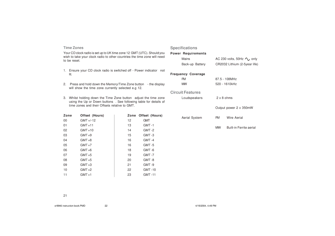 Roberts Radio CR9946 manual Specifications, Circuit Features, Time Zones 